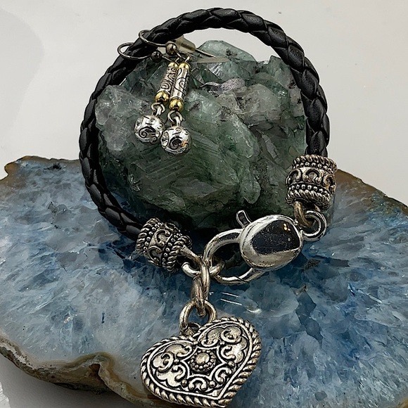 Brighton Silver and Gold Earrings Set & 7 1\2” Black Leather Bracelet W/Heart - Picture 6 of 6